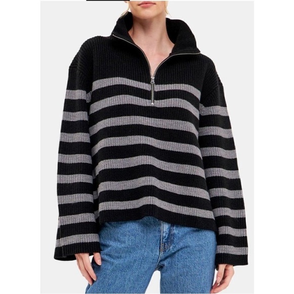 English Factory Sweaters - English Factory Striped Knit Half Zip Sweater in Black/Gray Women’s Size Large